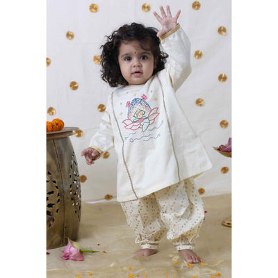 Tiber Taber Baby Girl Lakshmi Embroidered  Premium Cotton Suit Set - Cream