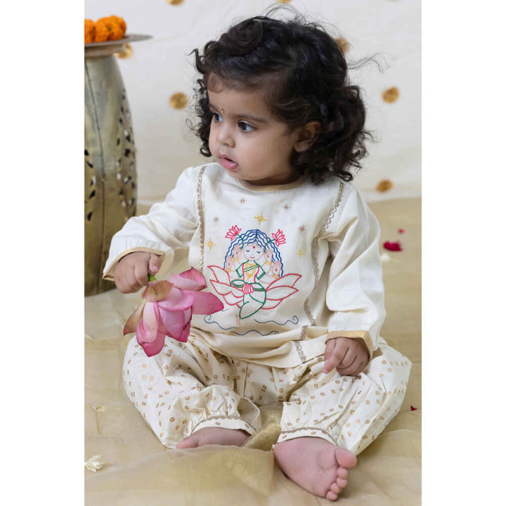 Tiber Taber Baby Girl Lakshmi Embroidered  Premium Cotton Suit Set - Cream