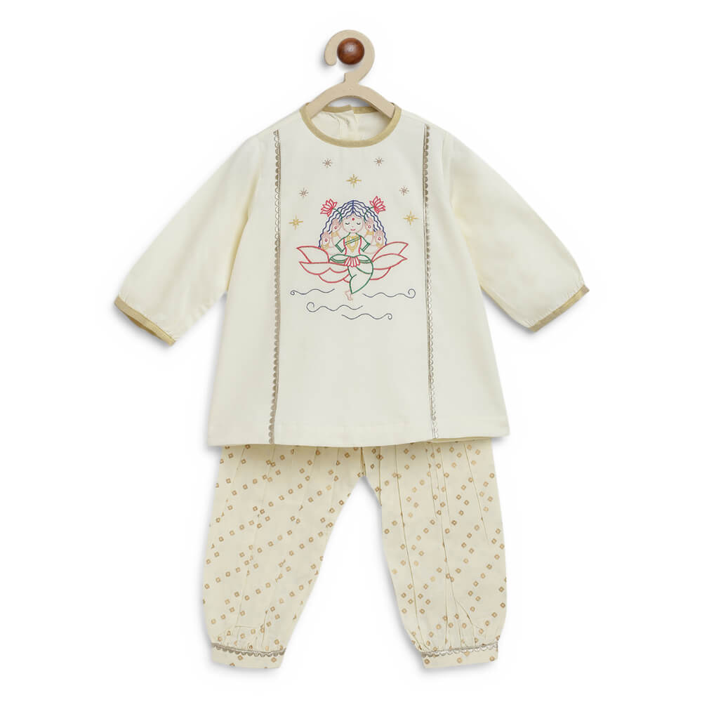 Tiber Taber Baby Girl Lakshmi Embroidered  Premium Cotton Suit Set - Cream