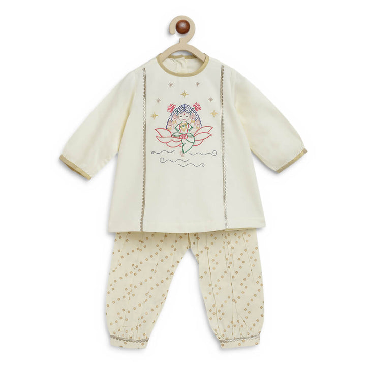Tiber Taber Baby Girl Lakshmi Embroidered  Premium Cotton Suit Set - Cream