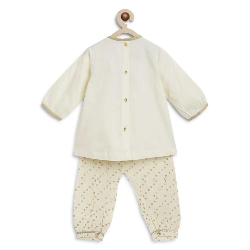 Tiber Taber Baby Girl Lakshmi Embroidered  Premium Cotton Suit Set - Cream