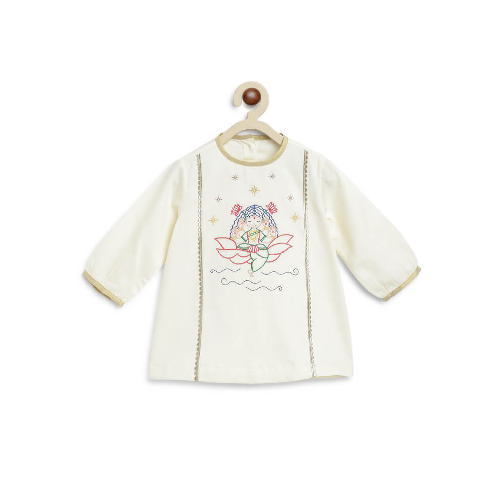 Tiber Taber Baby Girl Lakshmi Embroidered  Premium Cotton Suit Set - Cream