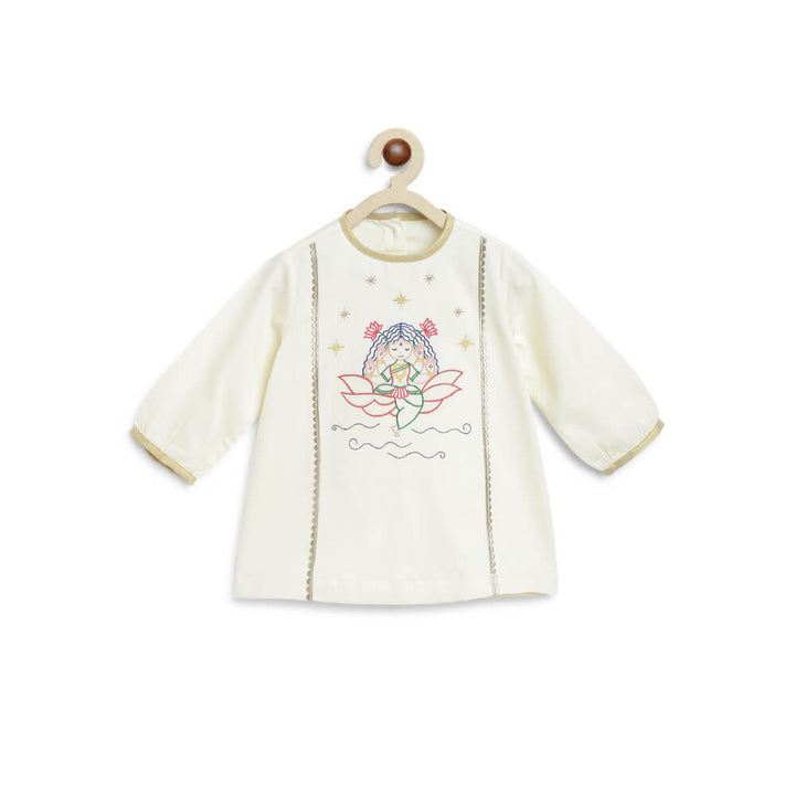 Tiber Taber Baby Girl Lakshmi Embroidered  Premium Cotton Suit Set - Cream