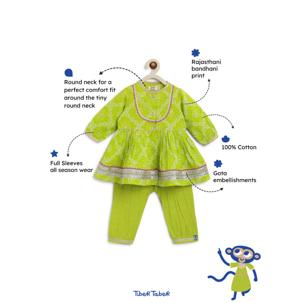 Tiber Taber Baby Girl Bandhani Cotton Angrakha Suit Set - Green