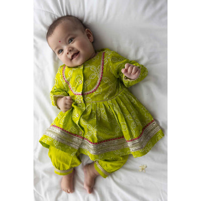 Tiber Taber Baby Girl Bandhani Cotton Angrakha Suit Set - Green