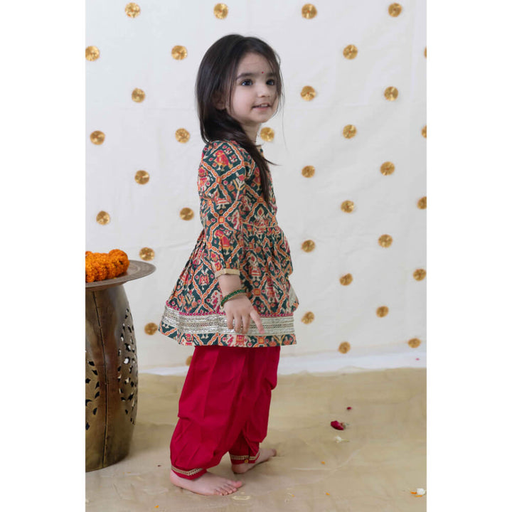 Tiber Taber Baby Girl Patola Print Cotton Angrakha Suit Set - Green