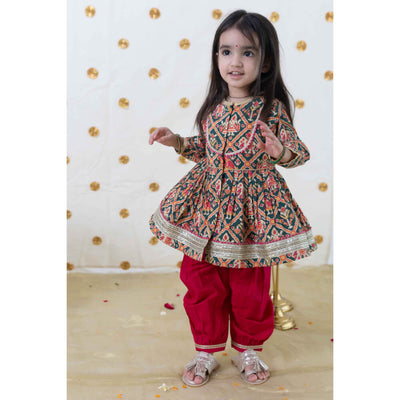 Tiber Taber Baby Girl Patola Print Cotton Angrakha Suit Set - Green