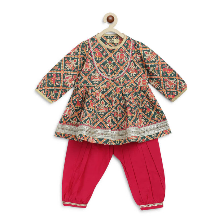Tiber Taber Baby Girl Patola Print Cotton Angrakha Suit Set - Green