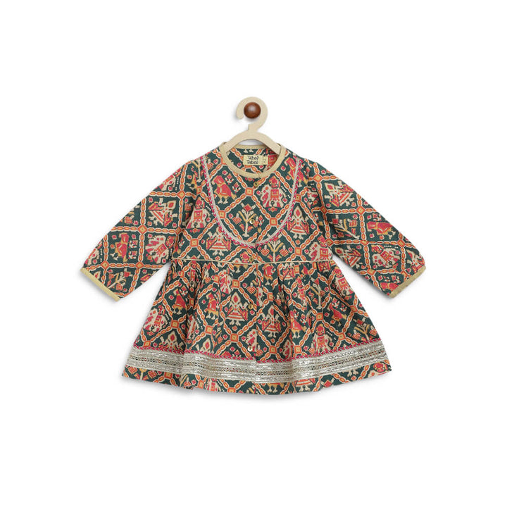 Tiber Taber Baby Girl Patola Print Cotton Angrakha Suit Set - Green