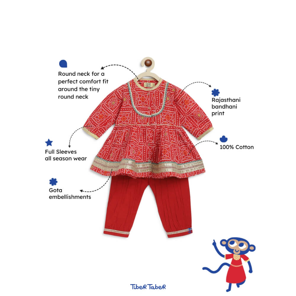 Tiber Taber Baby Girl Bandhani Cotton Angrakha Suit Set - Red