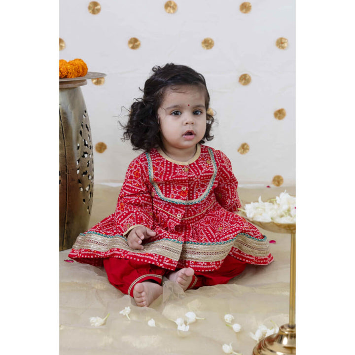 Tiber Taber Baby Girl Bandhani Cotton Angrakha Suit Set - Red