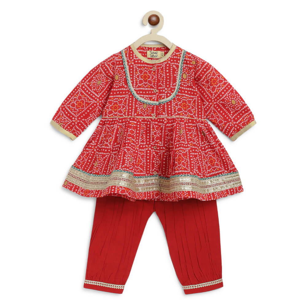 Tiber Taber Baby Girl Bandhani Cotton Angrakha Suit Set Red