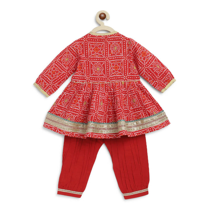 Tiber Taber Baby Girl Bandhani Cotton Angrakha Suit Set - Red