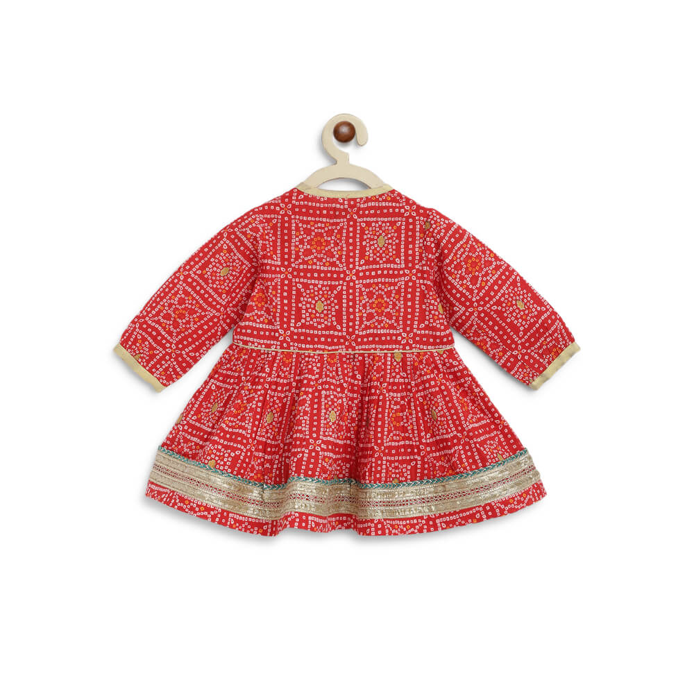 Tiber Taber Baby Girl Bandhani Cotton Angrakha Suit Set - Red
