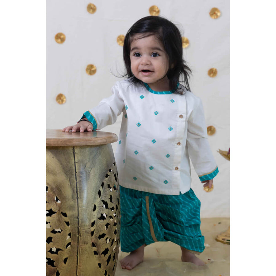 Tiber Taber Baby Boy Leheria embroidered Cotton Dhoti Kurta Set - Blue
