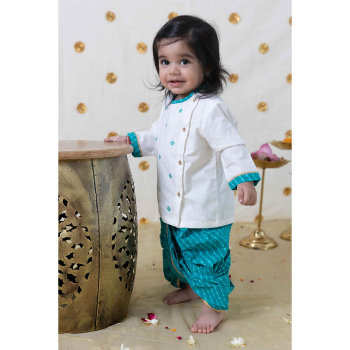 Tiber Taber Baby Boy Leheria embroidered Cotton Dhoti Kurta Set - Blue