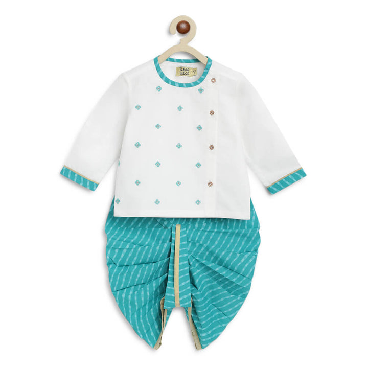 Tiber Taber Baby Boy Leheria embroidered Cotton Dhoti Kurta Set - Blue