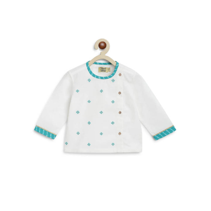 Tiber Taber Baby Boy Leheria embroidered Cotton Dhoti Kurta Set - Blue