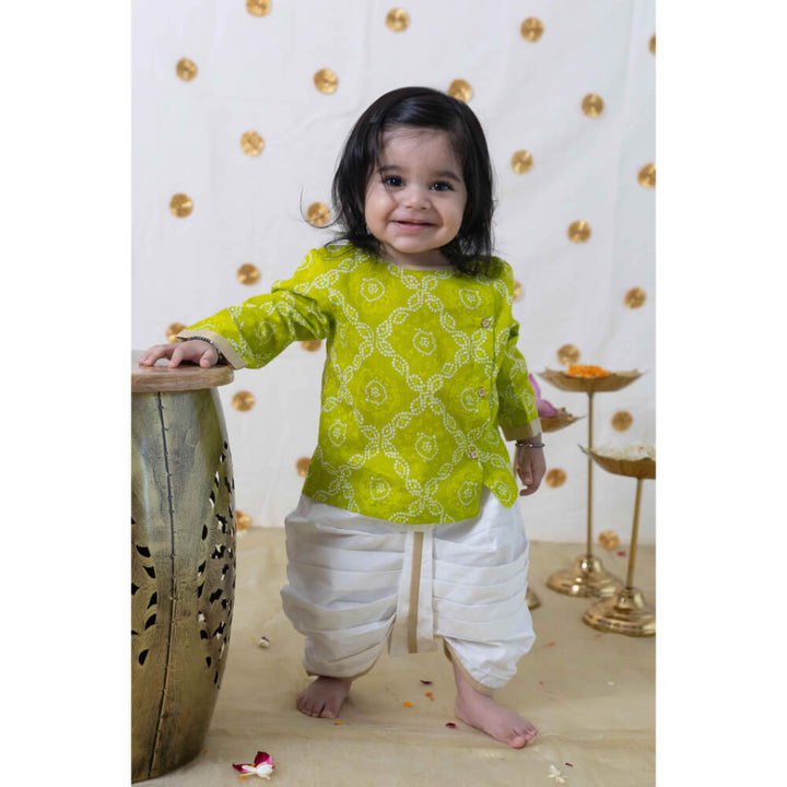 Tiber Taber Baby Boy Bandhani Print Cotton Dhoti Kurta Set - Green