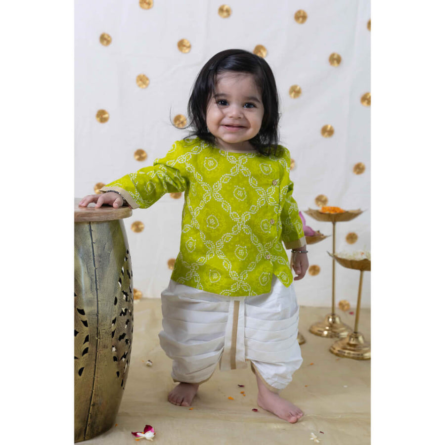 Tiber Taber Baby Boy Bandhani Print Cotton Dhoti Kurta Set - Green