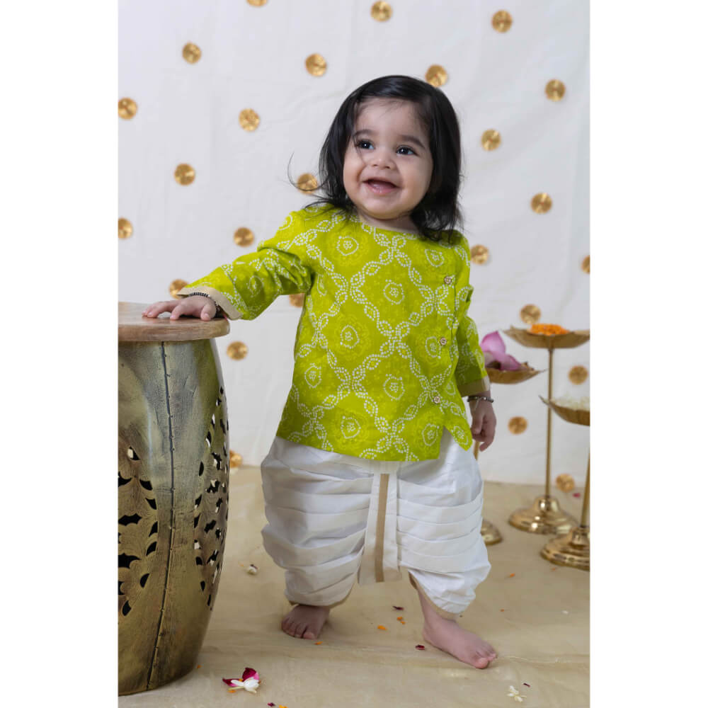 Tiber Taber Baby Boy Bandhani Print Cotton Dhoti Kurta Set - Green