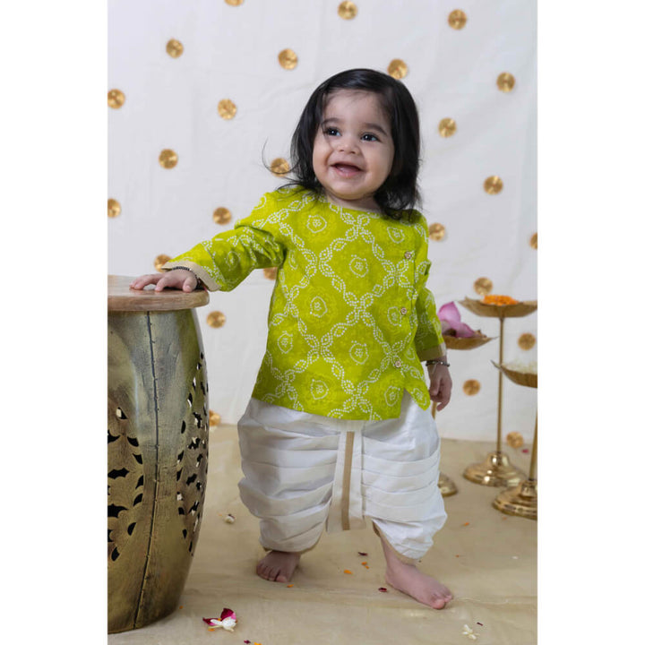Tiber Taber Baby Boy Bandhani Print Cotton Dhoti Kurta Set - Green