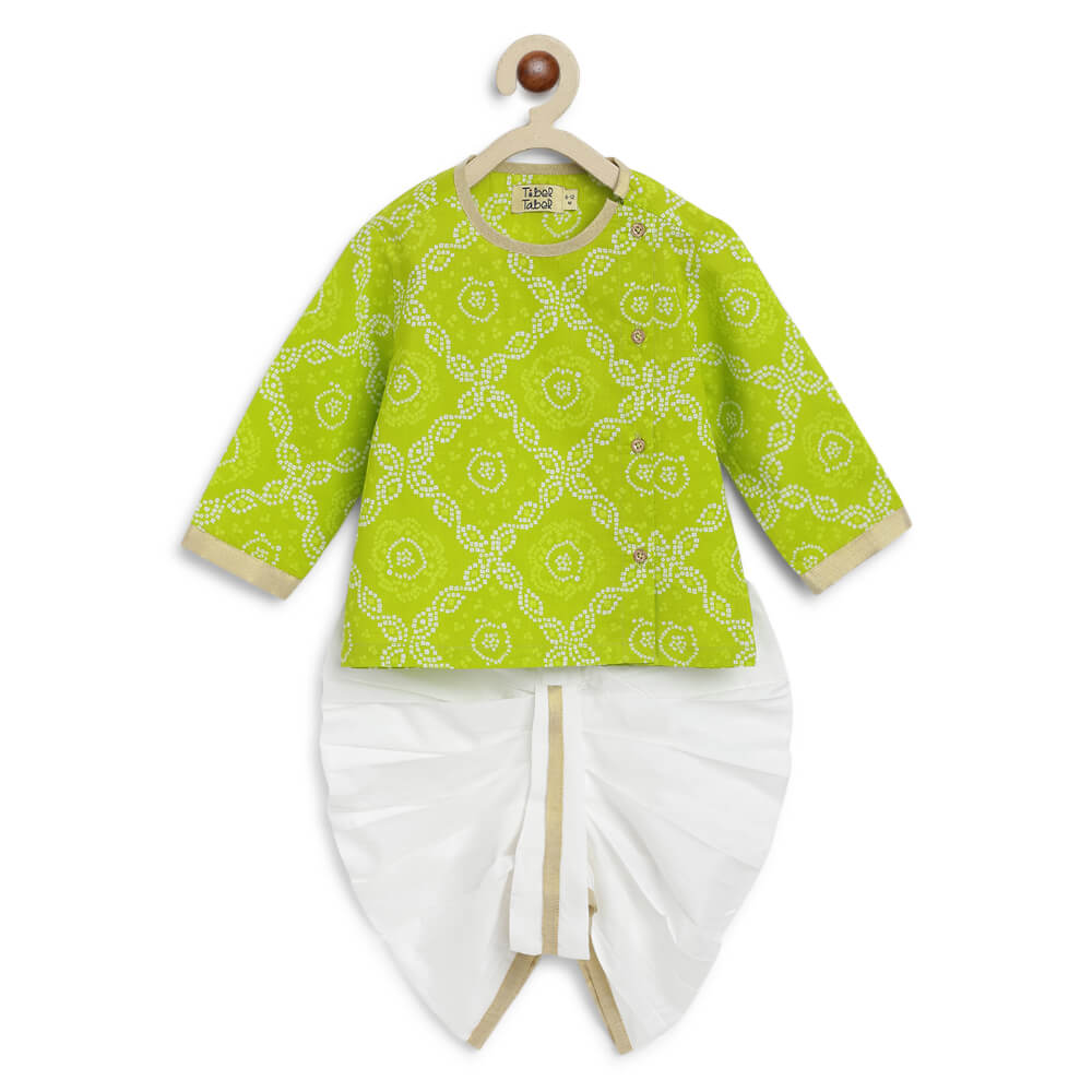 Tiber Taber Baby Boy Bandhani Print Cotton Dhoti Kurta Set - Green
