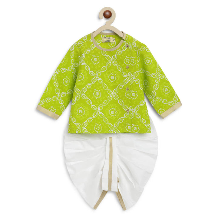 Tiber Taber Baby Boy Bandhani Print Cotton Dhoti Kurta Set - Green