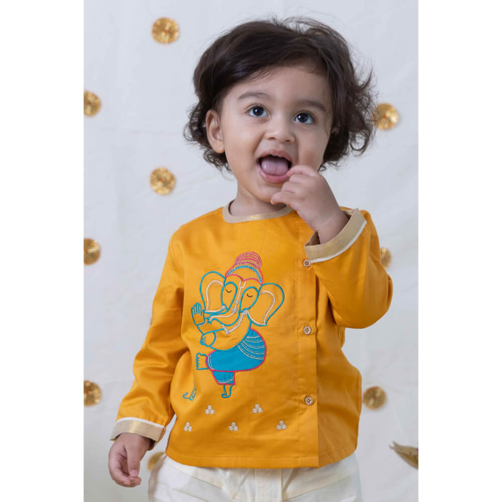 Tiber Taber Baby Boy Ganesha Embroidered Cotton Dhoti Kurta Set - Yellow