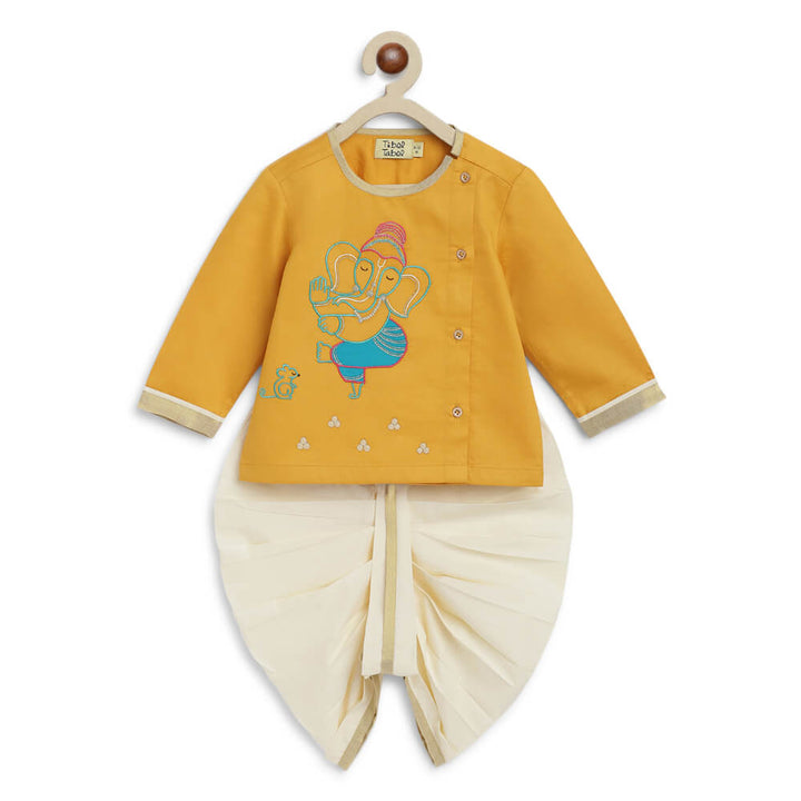 Tiber Taber Baby Boy Ganesha Embroidered Cotton Dhoti Kurta Set - Yellow