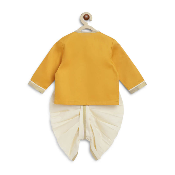 Tiber Taber Baby Boy Ganesha Embroidered Cotton Dhoti Kurta Set - Yellow