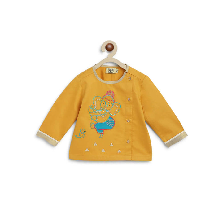 Tiber Taber Baby Boy Ganesha Embroidered Cotton Dhoti Kurta Set - Yellow