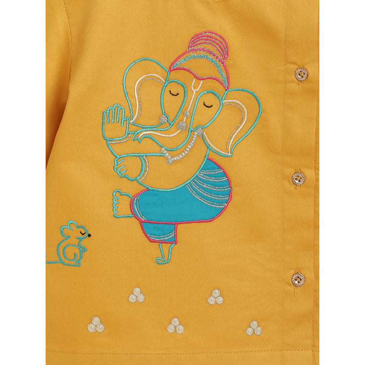 Tiber Taber Baby Boy Ganesha Embroidered Cotton Dhoti Kurta Set - Yellow