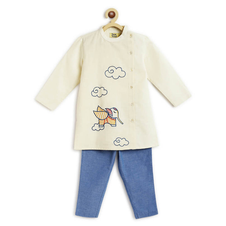 Tiber Taber Boy Elephant Kurta Pyjama Set - Cream