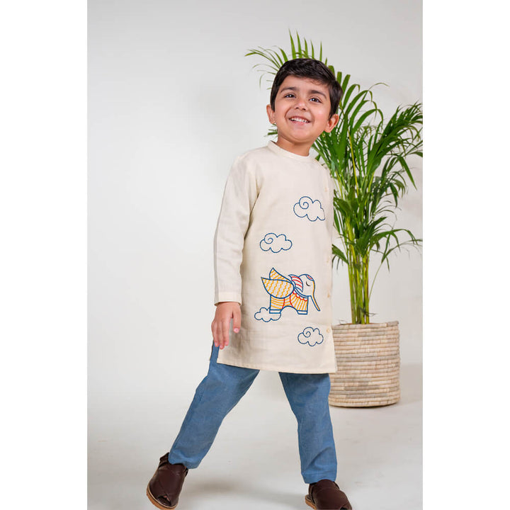 Tiber Taber Boy Elephant Kurta Pyjama Set - Cream