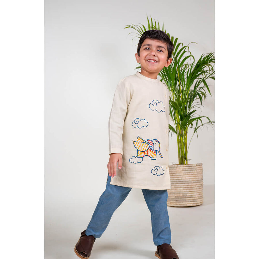 Tiber Taber Boy Elephant Kurta Pyjama Set - Cream