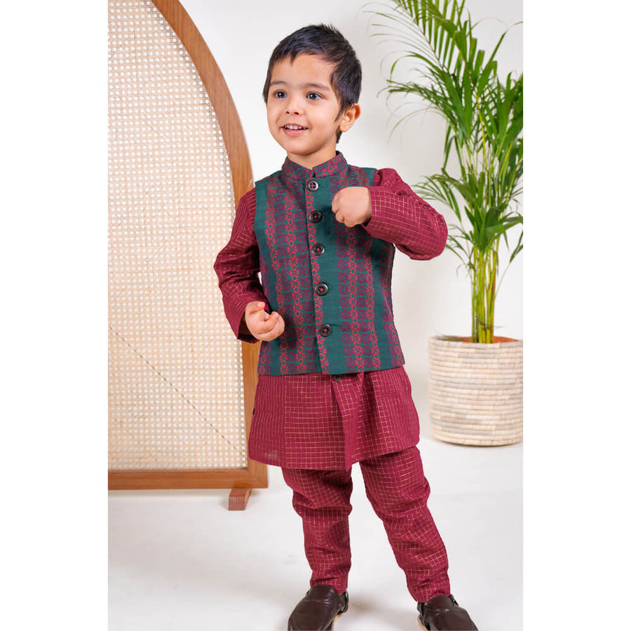 Tiber Taber Boy Jacquard Multi 3 Pc Bundi Set - Maroon