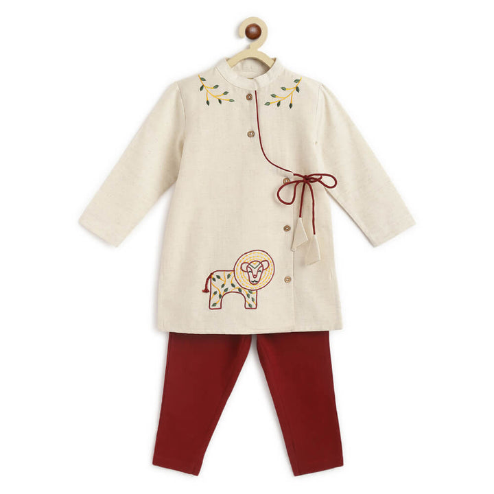 Tiber Taber Boy Lion Kurta Pyjama Set - Cream