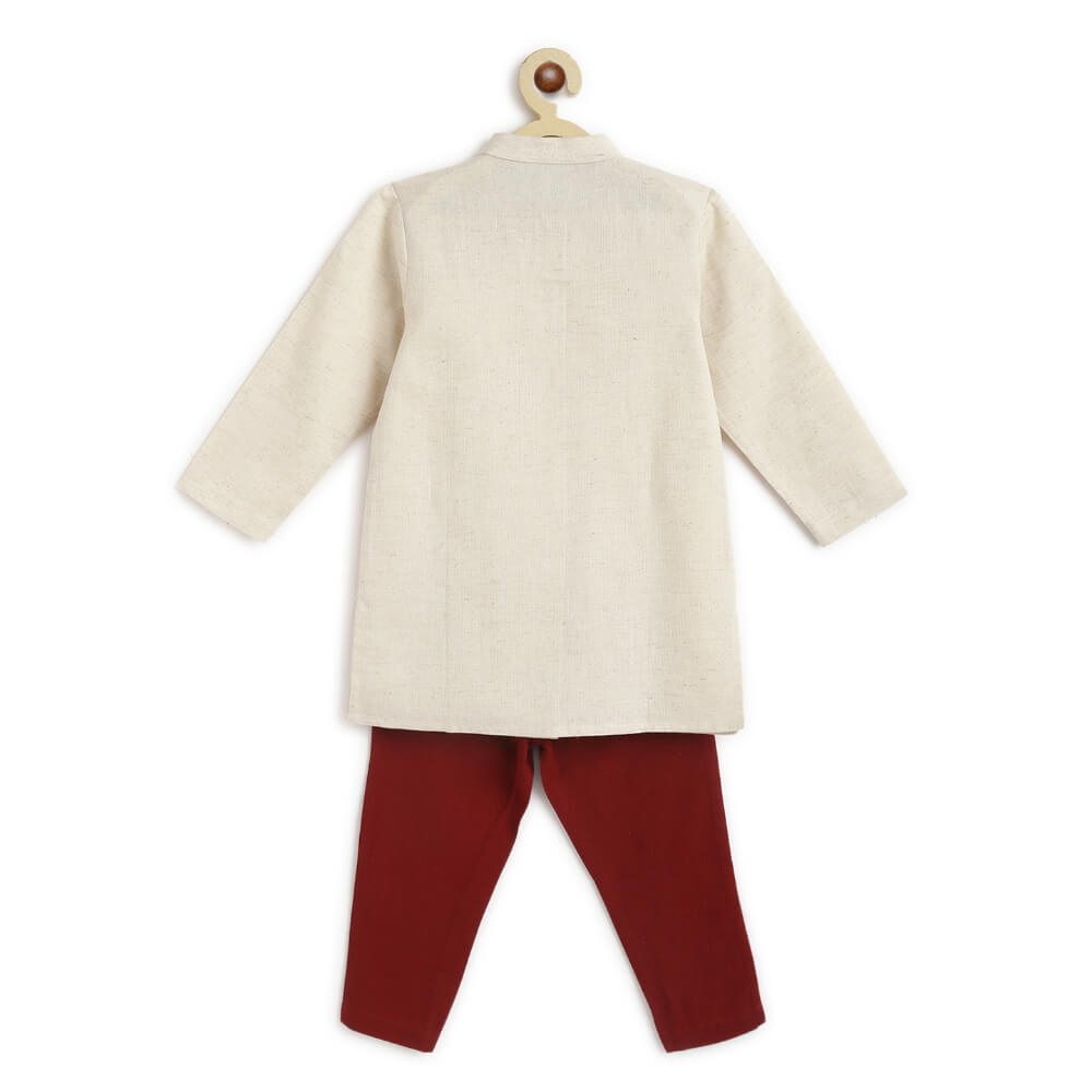 Tiber Taber Boy Lion Kurta Pyjama Set - Cream