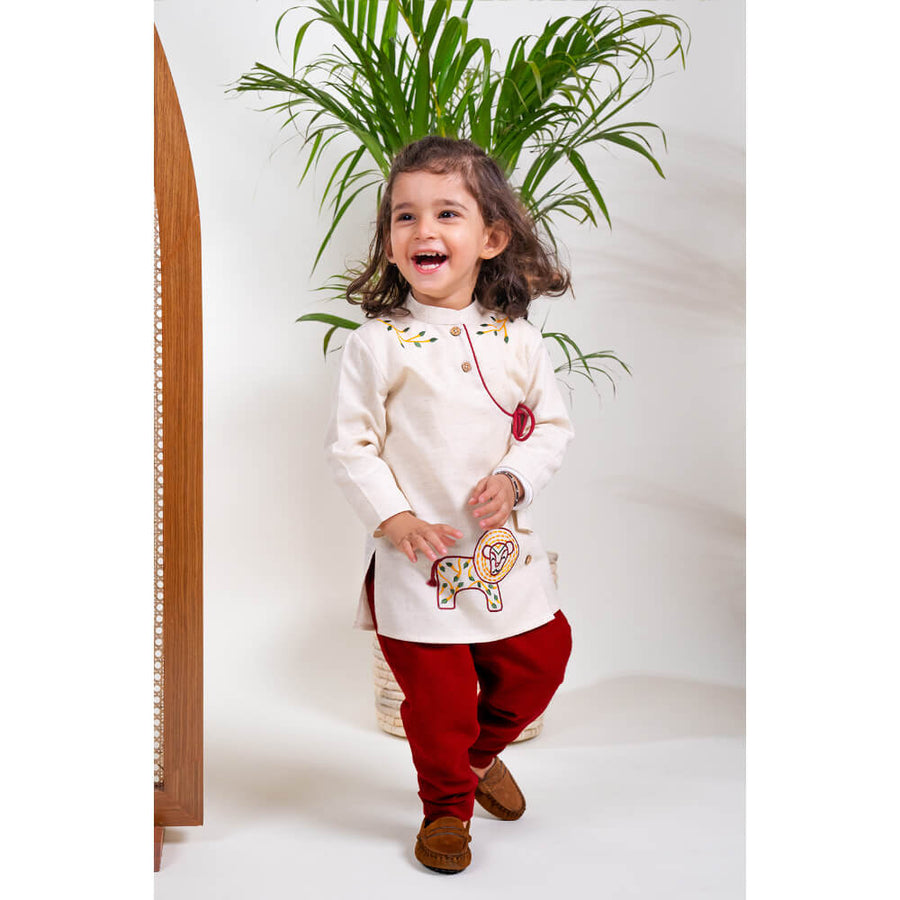 Tiber Taber Boy Lion Kurta Pyjama Set - Cream