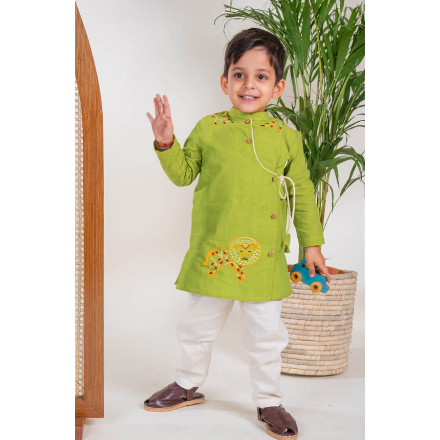 Tiber Taber Boy Lion Kurta Pyjama Set - Green
