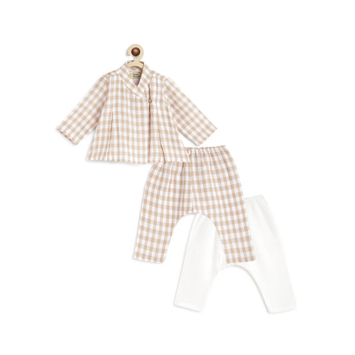 Tiber Taber Unisex Check Mate Jhabla Set-Beige