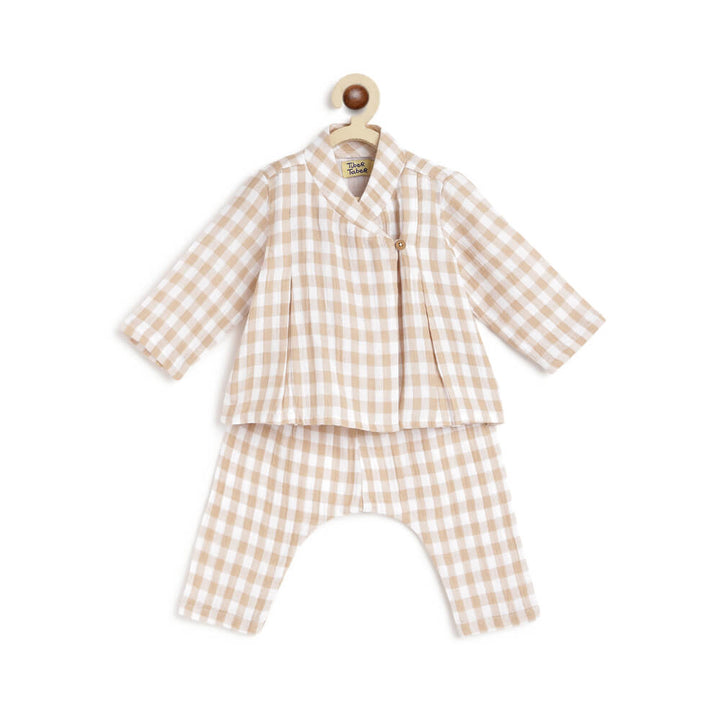 Tiber Taber Unisex Check Mate Jhabla Set-Beige