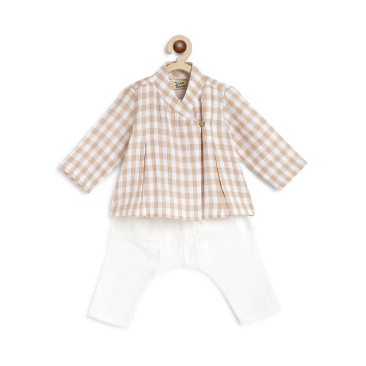 Tiber Taber Unisex Check Mate Jhabla Set-Beige