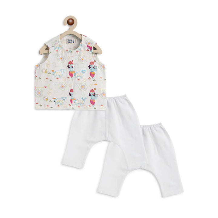 Tiber Taber Unisex Krishna Blessings Jhabla Set-White
