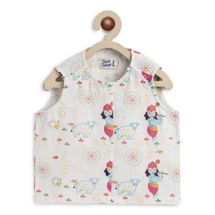 Tiber Taber Unisex Krishna Blessings Jhabla Set-White