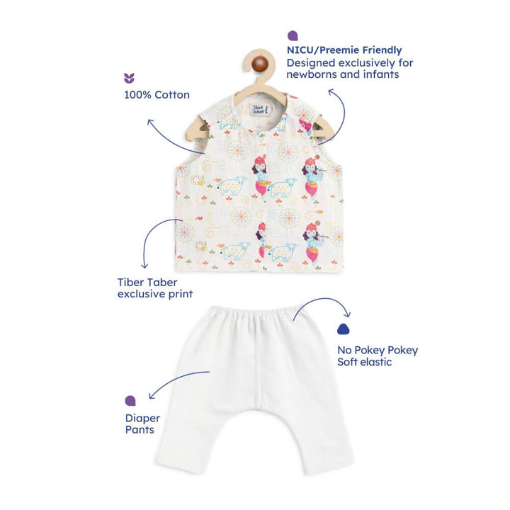 Tiber Taber Unisex Krishna Blessings Jhabla Set-White