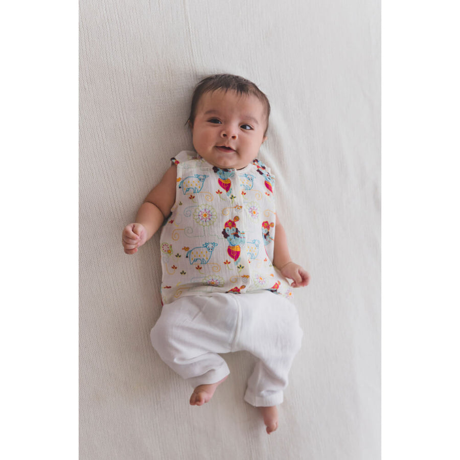 Tiber Taber Unisex Krishna Blessings Jhabla Set-White