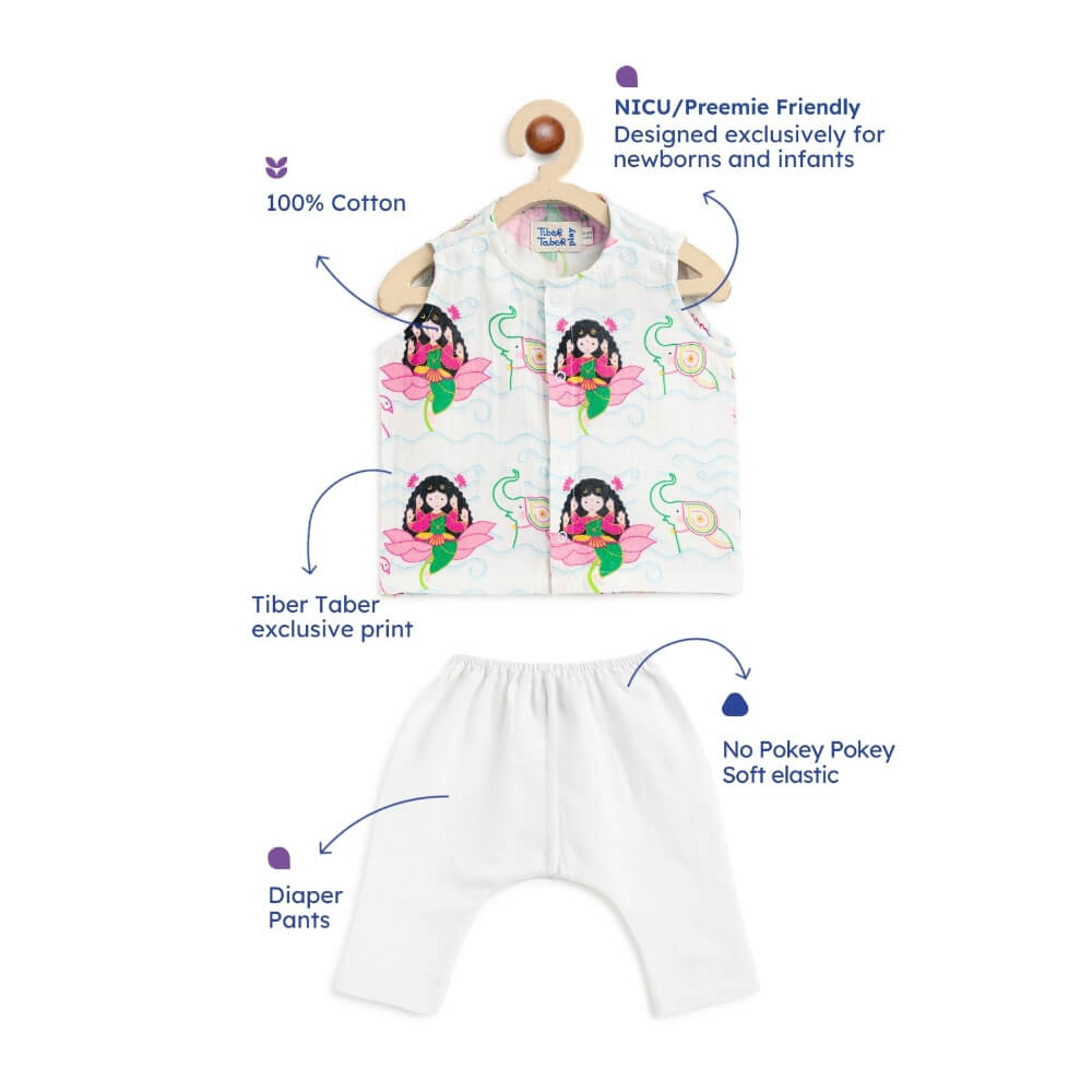 Tiber Taber Unisex Laxmi Blessings Jhabla Set-White