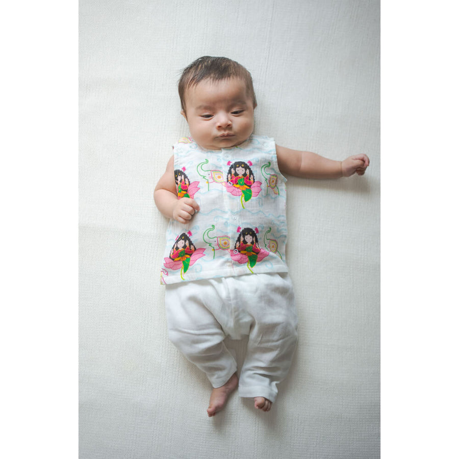 Tiber Taber Unisex Laxmi Blessings Jhabla Set-White